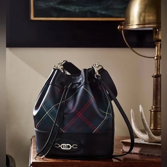 Ralph Lauren Andie Bucket Drawstring Plaid Leather Crossbody Bag